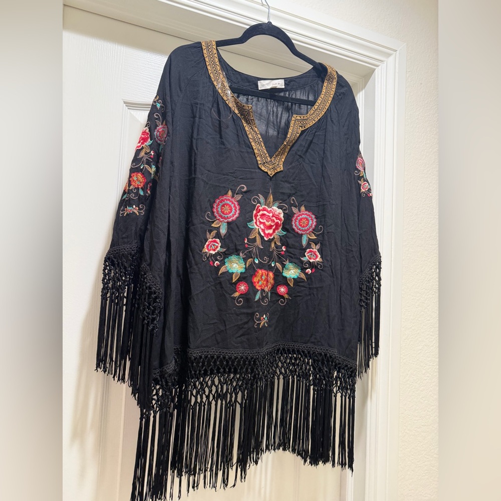 Black Floral Embroidered Poncho with Fringe